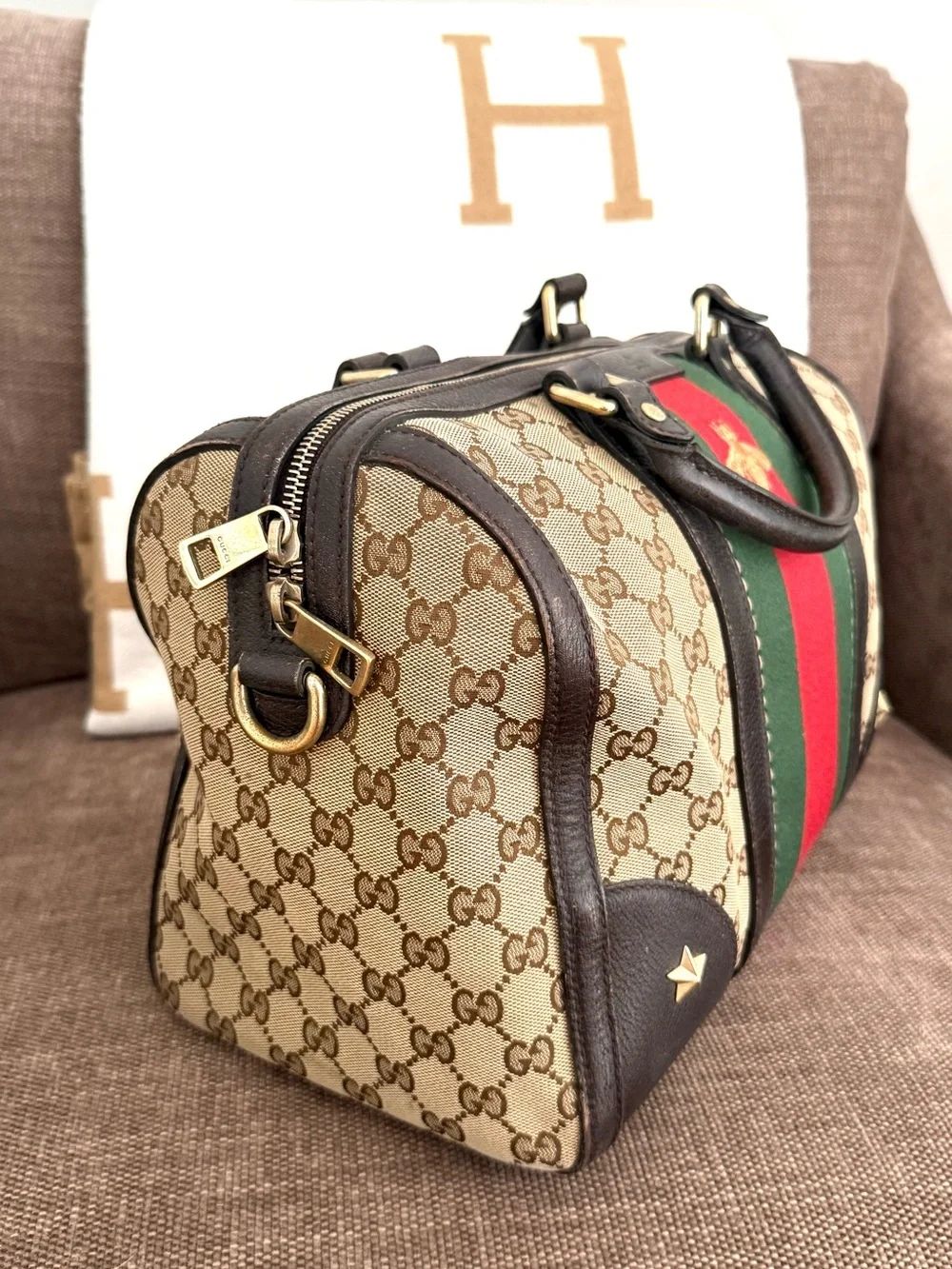 Authentic Gucci brown monogram canvas Boston satchel bag red green accents
